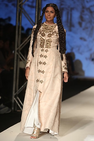 Light Gold Zari and Dori Work Panelled Gown by Samant Chauhan