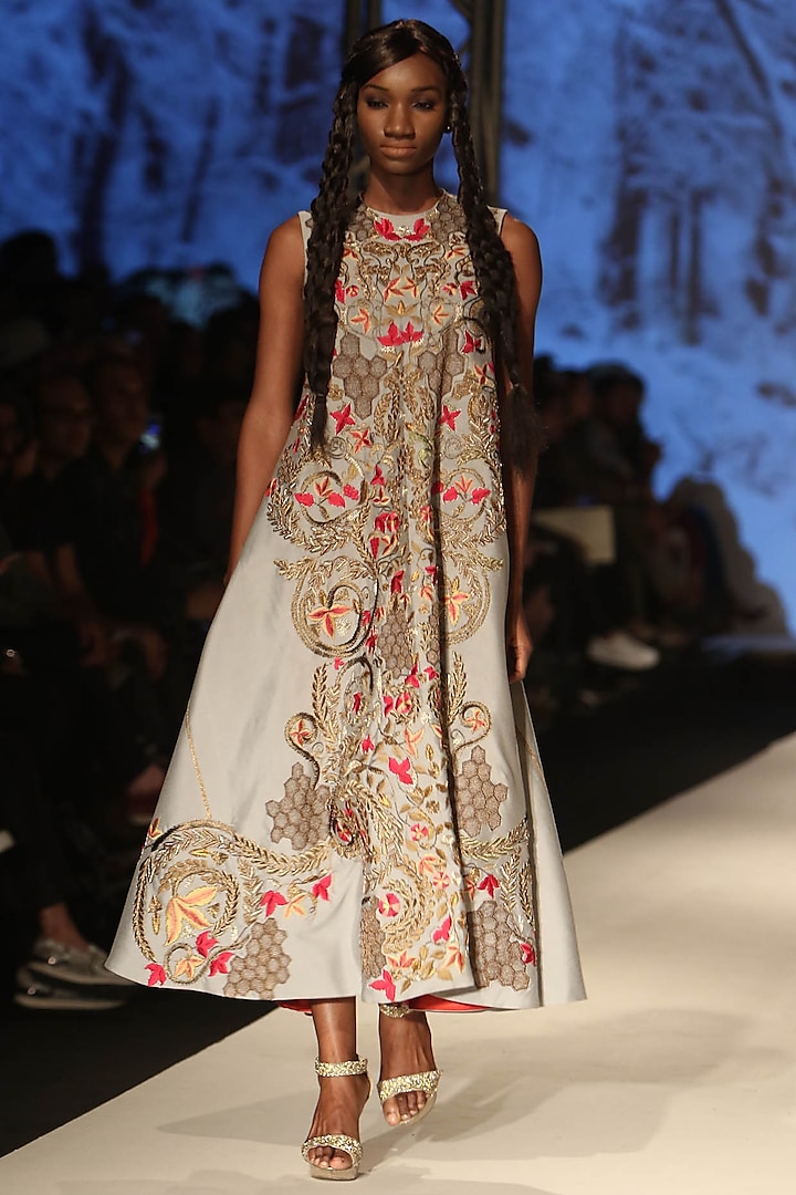 Ivory Dori and Dabka Embroidered A Line Dress by Samant Chauhan