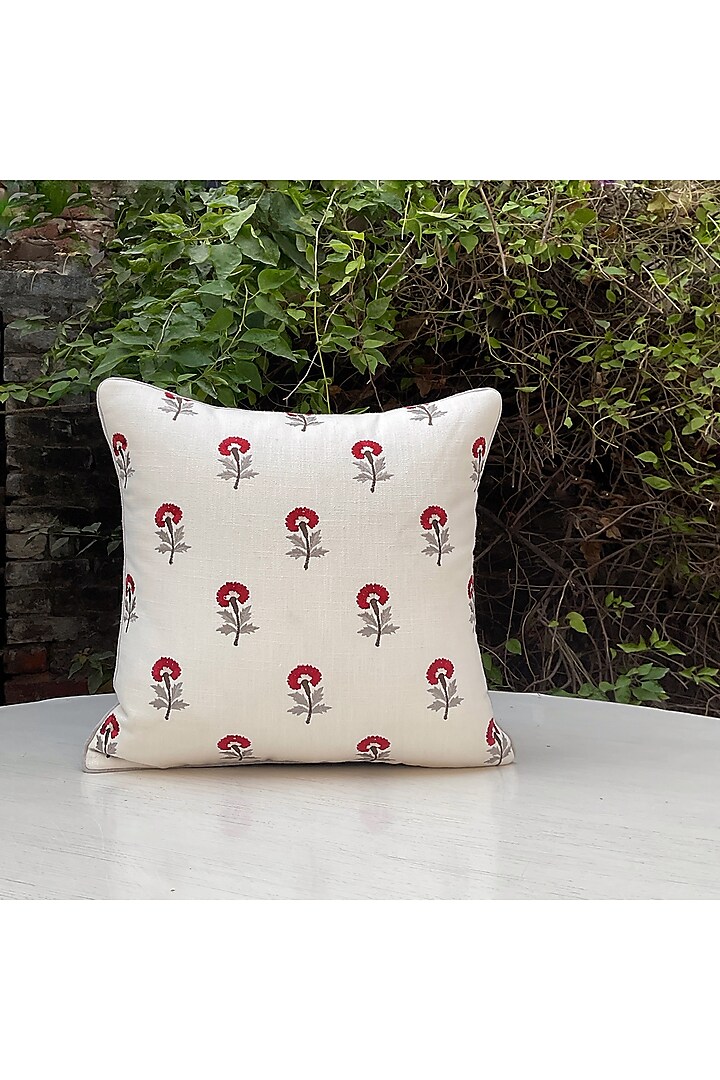 White & Red Cotton Embroidered Cushion Cover by Studio Covers