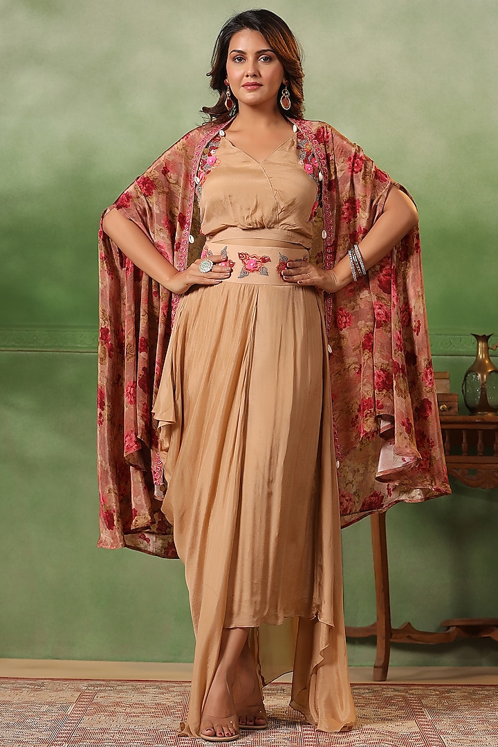 Taupe Crepe Hand Embroidered & Floral Printed Asymmetric Cape Set by Scakhi