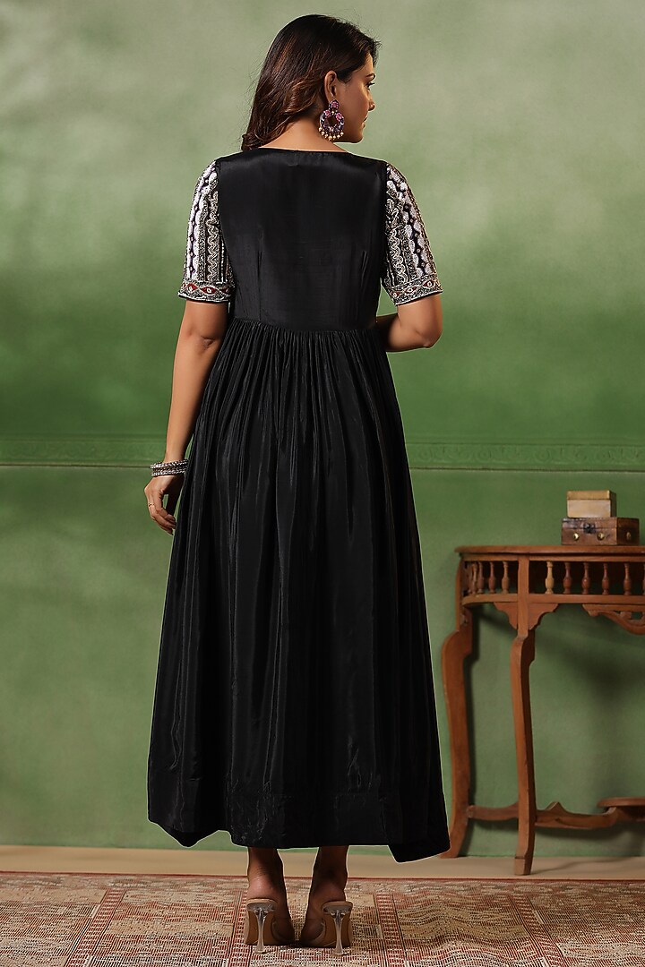 Black Chinon Silk Floral Printed & Handwork Gathered Party Wear Gown by Scakhi Luxe at Pernia's Pop Up Shop