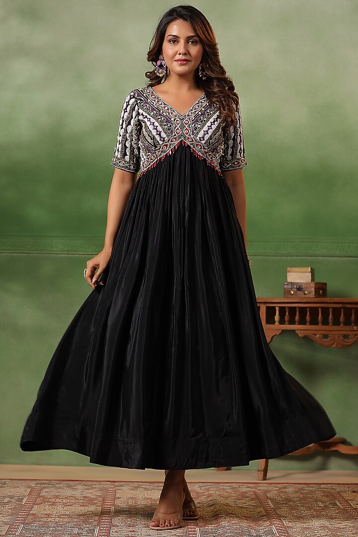Black Chinon Silk Floral Printed & Handwork Gathered Party Wear Gown by Scakhi Luxe at Pernia's Pop Up Shop