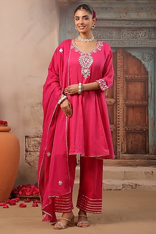 Fuchsia Cotton Mulmul Gota Work Short Anarkali Set by Scakhi Luxe
