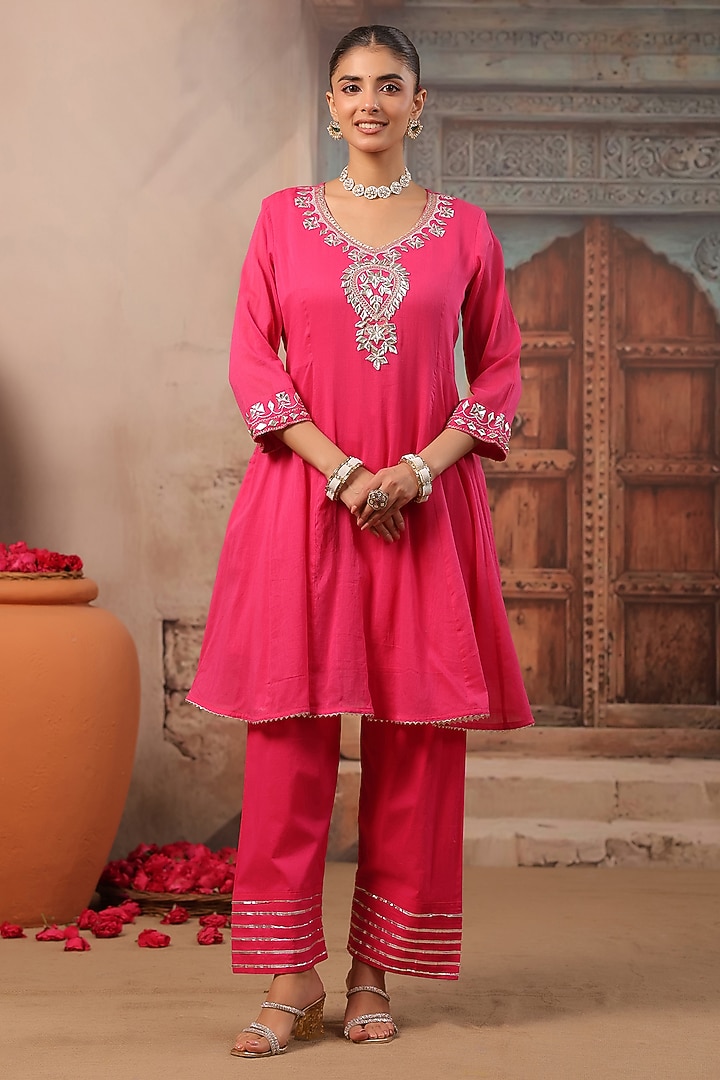 Fuchsia Cotton Mulmul Gota Work Short Anarkali Set by Scakhi Luxe at Pernia's Pop Up Shop