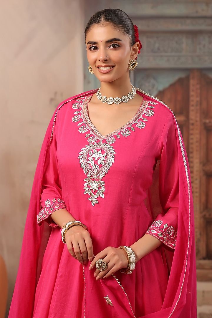 Fuchsia Cotton Mulmul Gota Work Short Anarkali Set by Scakhi Luxe at Pernia's Pop Up Shop