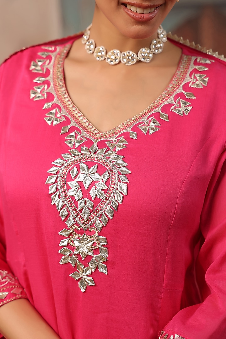 Fuchsia Cotton Mulmul Gota Work Short Anarkali Set by Scakhi Luxe at Pernia's Pop Up Shop