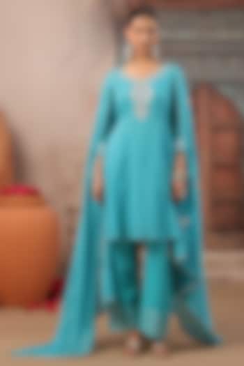 Turquoise Cotton Mulmul Gota Work Short Anarkali Set by Scakhi Luxe at Pernia's Pop Up Shop