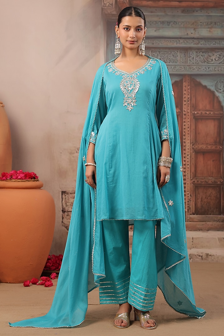 Turquoise Cotton Mulmul Gota Work Short Anarkali Set by Scakhi Luxe at Pernia's Pop Up Shop