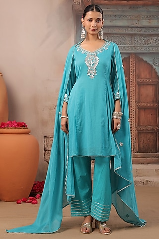 Turquoise Cotton Mulmul Gota Work Short Anarkali Set by Scakhi Luxe