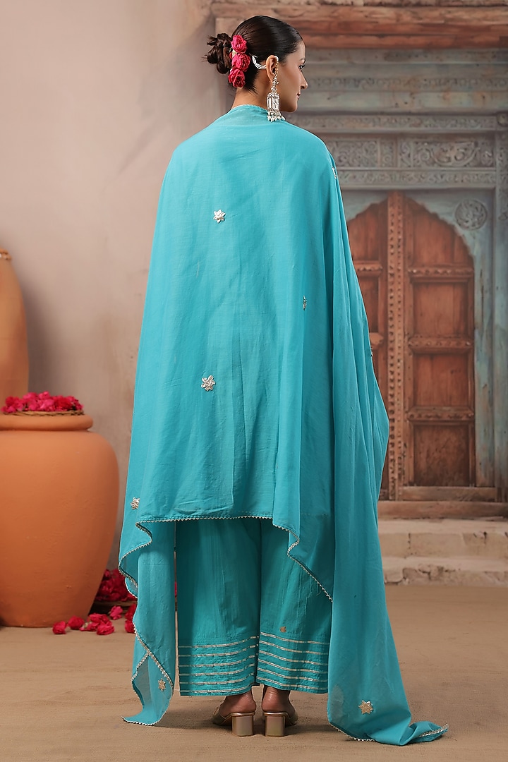 Turquoise Cotton Mulmul Gota Work Short Anarkali Set by Scakhi Luxe at Pernia's Pop Up Shop