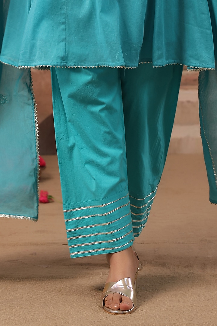 Turquoise Cotton Mulmul Gota Work Short Anarkali Set by Scakhi Luxe at Pernia's Pop Up Shop