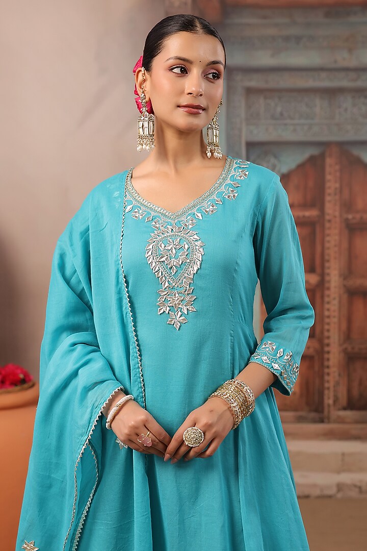 Turquoise Cotton Mulmul Gota Work Short Anarkali Set by Scakhi Luxe at Pernia's Pop Up Shop