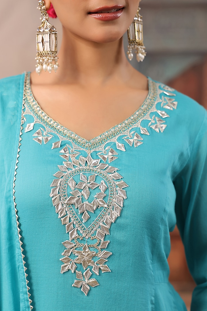 Turquoise Cotton Mulmul Gota Work Short Anarkali Set by Scakhi Luxe at Pernia's Pop Up Shop