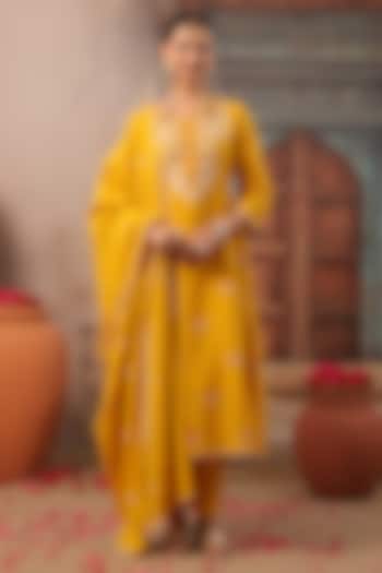Mustard Cotton Mulmul Embroidered Anarkali Set by Scakhi Luxe at Pernia's Pop Up Shop