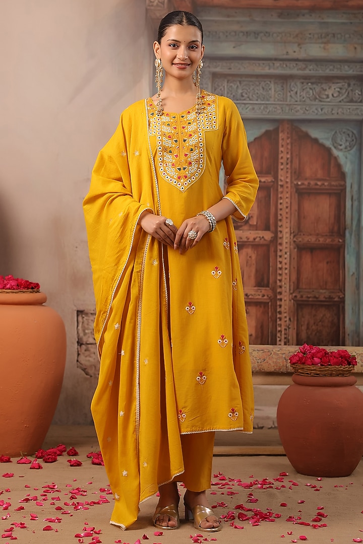 Mustard Cotton Mulmul Embroidered Anarkali Set by Scakhi Luxe at Pernia's Pop Up Shop