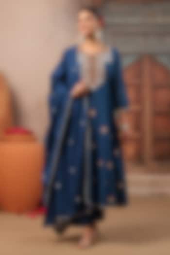 Teal Cotton Mulmul Embroidered Anarkali Set by Scakhi Luxe at Pernia's Pop Up Shop