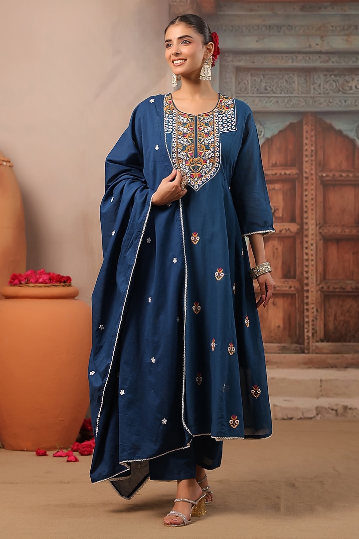 Teal Cotton Mulmul Embroidered Anarkali Set by Scakhi Luxe at Pernia's Pop Up Shop