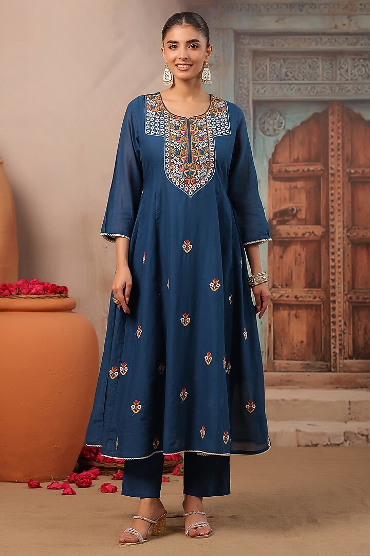 Teal Cotton Mulmul Embroidered Anarkali Set by Scakhi Luxe at Pernia's Pop Up Shop