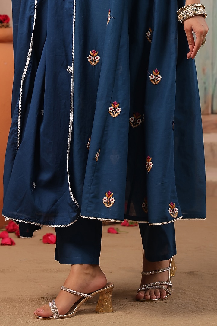 Teal Cotton Mulmul Embroidered Anarkali Set by Scakhi Luxe at Pernia's Pop Up Shop