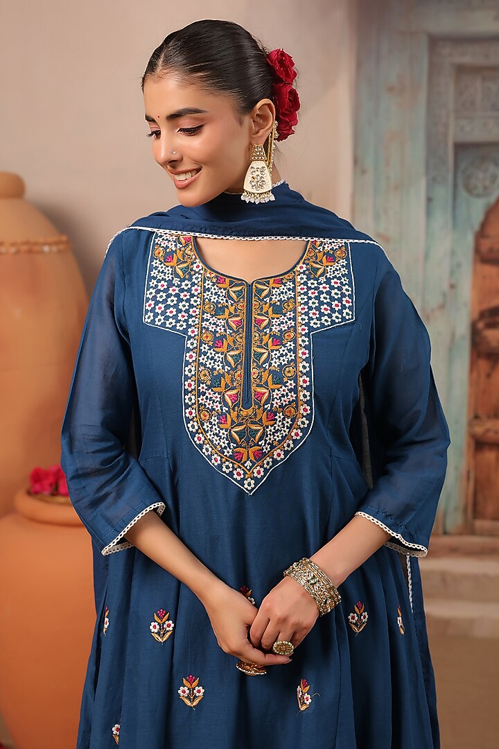 Teal Cotton Mulmul Embroidered Anarkali Set by Scakhi Luxe at Pernia's Pop Up Shop