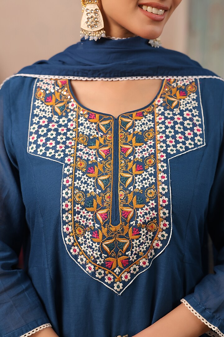 Teal Cotton Mulmul Embroidered Anarkali Set by Scakhi Luxe at Pernia's Pop Up Shop