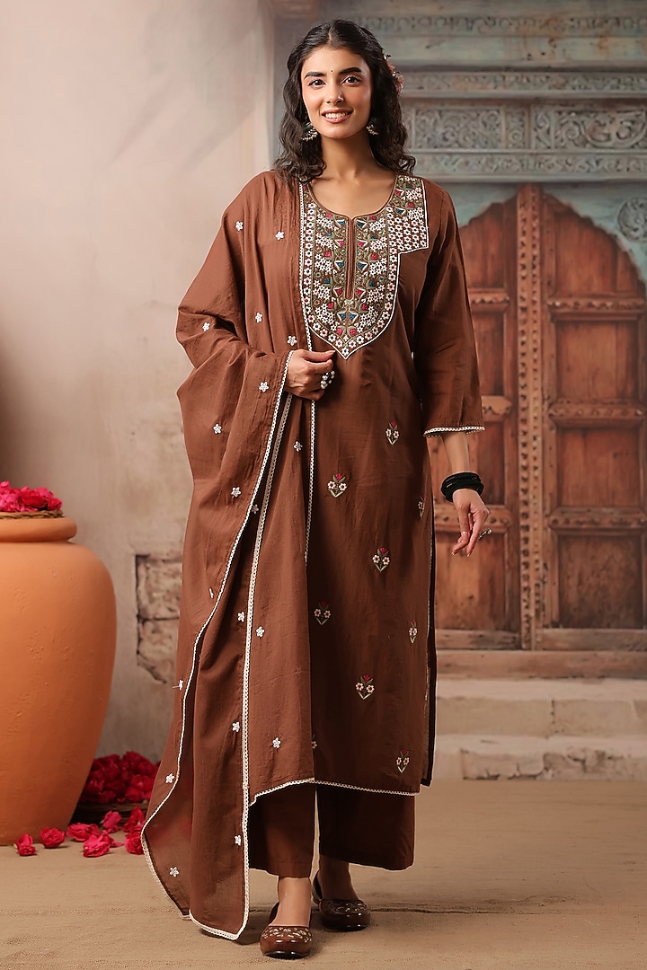 Chocolate Brown Cotton Mulmul Embroidered Kurta Set by Scakhi Luxe at Pernia's Pop Up Shop