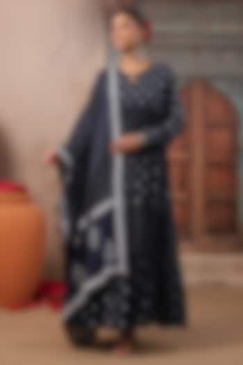 Indigo Blue Cotton Mulmul Khaki Printed Anarkali Set by Scakhi Luxe at Pernia's Pop Up Shop