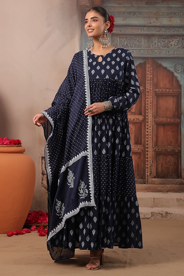 Indigo Blue Cotton Mulmul Khaki Printed Anarkali Set by Scakhi Luxe at Pernia's Pop Up Shop