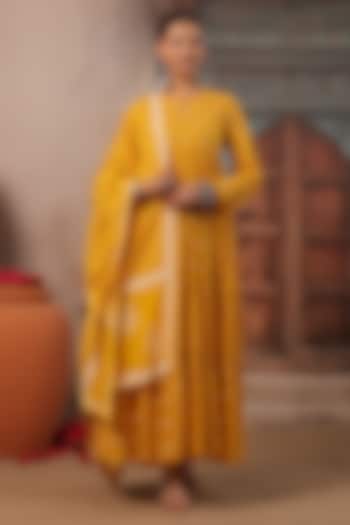 Mustard Cotton Mulmul Khaki Printed Anarkali Set by Scakhi Luxe at Pernia's Pop Up Shop