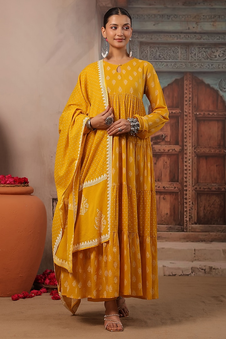 Mustard Cotton Mulmul Khaki Printed Anarkali Set by Scakhi Luxe at Pernia's Pop Up Shop