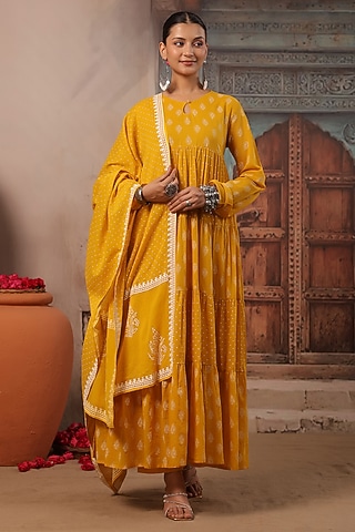 Mustard Cotton Mulmul Khaki Printed Anarkali Set by Scakhi Luxe