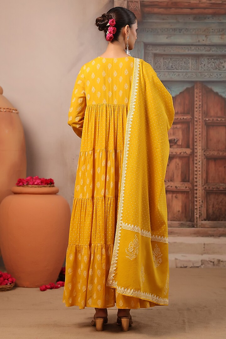 Mustard Cotton Mulmul Khaki Printed Anarkali Set by Scakhi Luxe at Pernia's Pop Up Shop