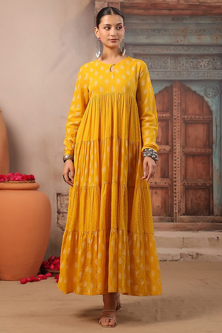 Mustard Cotton Mulmul Khaki Printed Anarkali Set by Scakhi Luxe at Pernia's Pop Up Shop