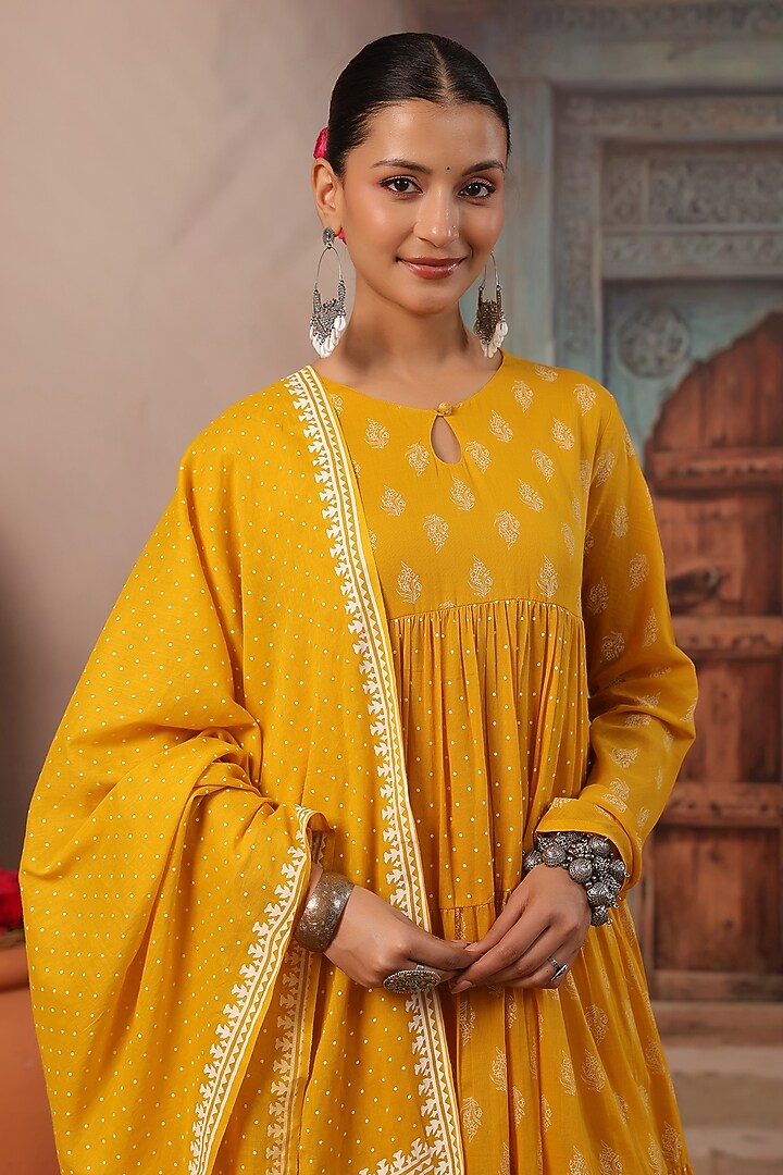 Mustard Cotton Mulmul Khaki Printed Anarkali Set by Scakhi Luxe at Pernia's Pop Up Shop