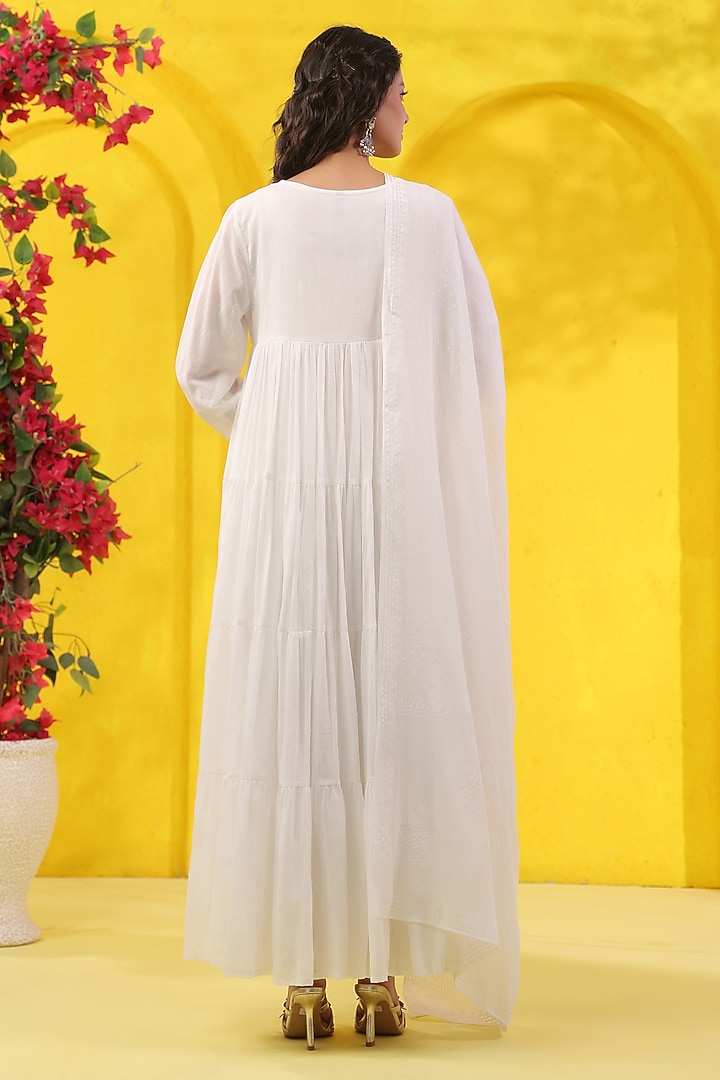 White Cotton Mulmul Khaki Printed Anarkali Set by Scakhi Luxe at Pernia's Pop Up Shop