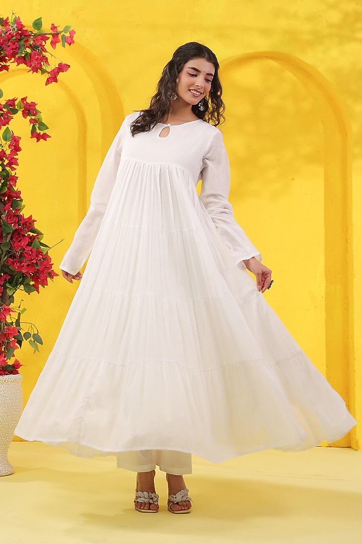 White Cotton Mulmul Khaki Printed Anarkali Set by Scakhi Luxe at Pernia's Pop Up Shop