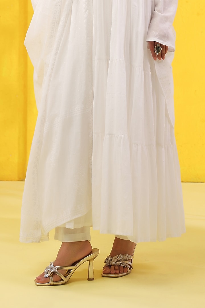 White Cotton Mulmul Khaki Printed Anarkali Set by Scakhi Luxe at Pernia's Pop Up Shop