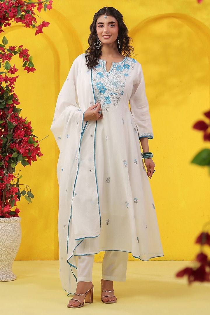 Turquoise Cotton Mulmul Sequins Embroidered Anarkali Set by Scakhi Luxe at Pernia's Pop Up Shop