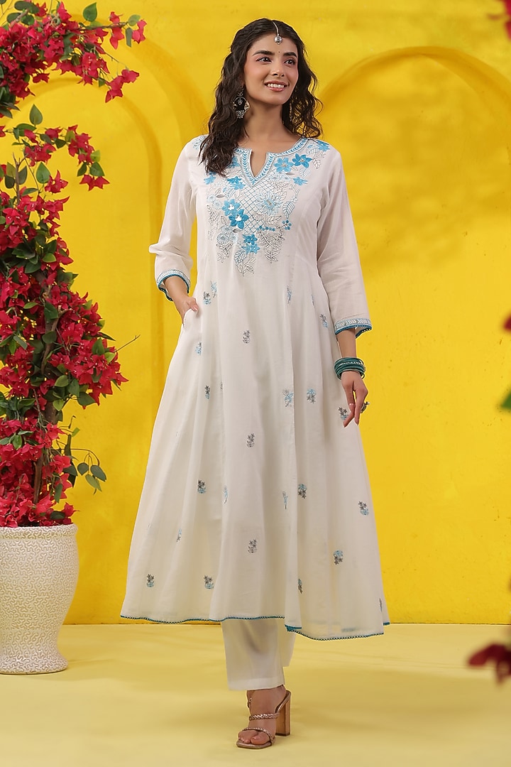 Turquoise Cotton Mulmul Sequins Embroidered Anarkali Set by Scakhi Luxe at Pernia's Pop Up Shop