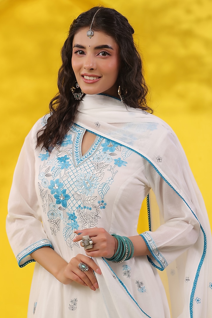 Turquoise Cotton Mulmul Sequins Embroidered Anarkali Set by Scakhi Luxe at Pernia's Pop Up Shop
