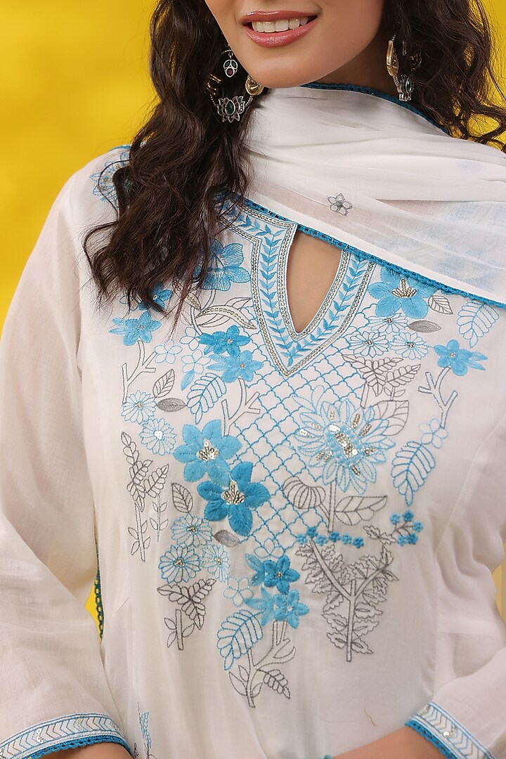 Turquoise Cotton Mulmul Sequins Embroidered Anarkali Set by Scakhi Luxe at Pernia's Pop Up Shop