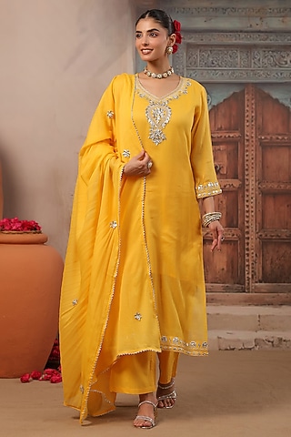 Mango Yellow Cotton Mulmul Gota Work Straight Kurta Set by Scakhi Luxe