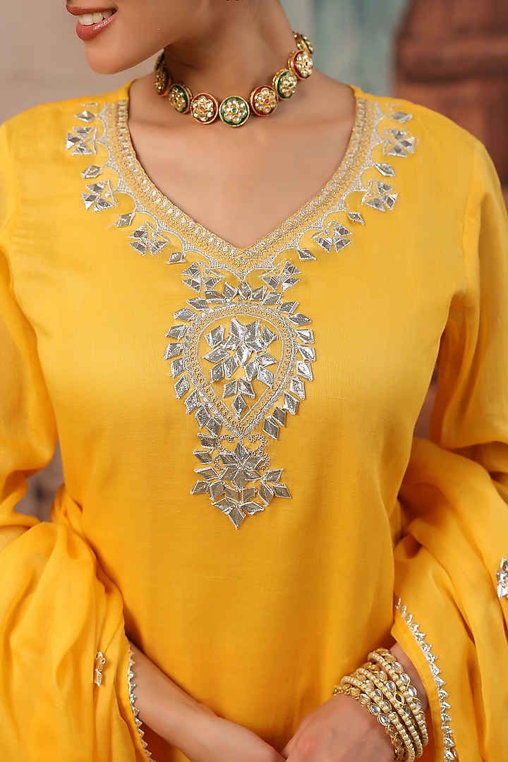 Mango Yellow Cotton Mulmul Gota Work Straight Kurta Set by Scakhi Luxe at Pernia's Pop Up Shop