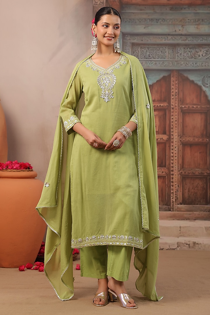 Parrot Green Cotton Mulmul Gota Work Straight Kurta Set by Scakhi Luxe at Pernia's Pop Up Shop