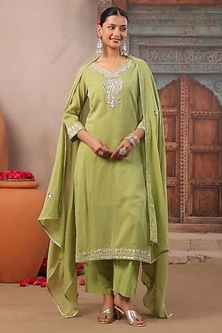 Parrot Green Cotton Mulmul Gota Work Straight Kurta Set by Scakhi Luxe
