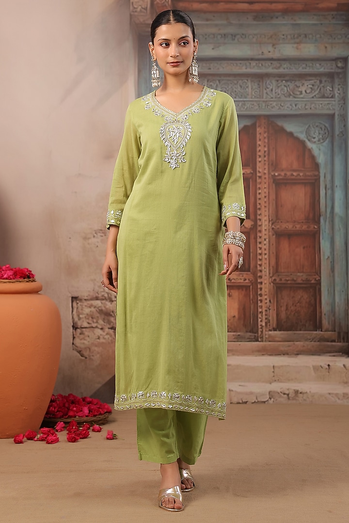 Parrot Green Cotton Mulmul Gota Work Straight Kurta Set by Scakhi Luxe at Pernia's Pop Up Shop
