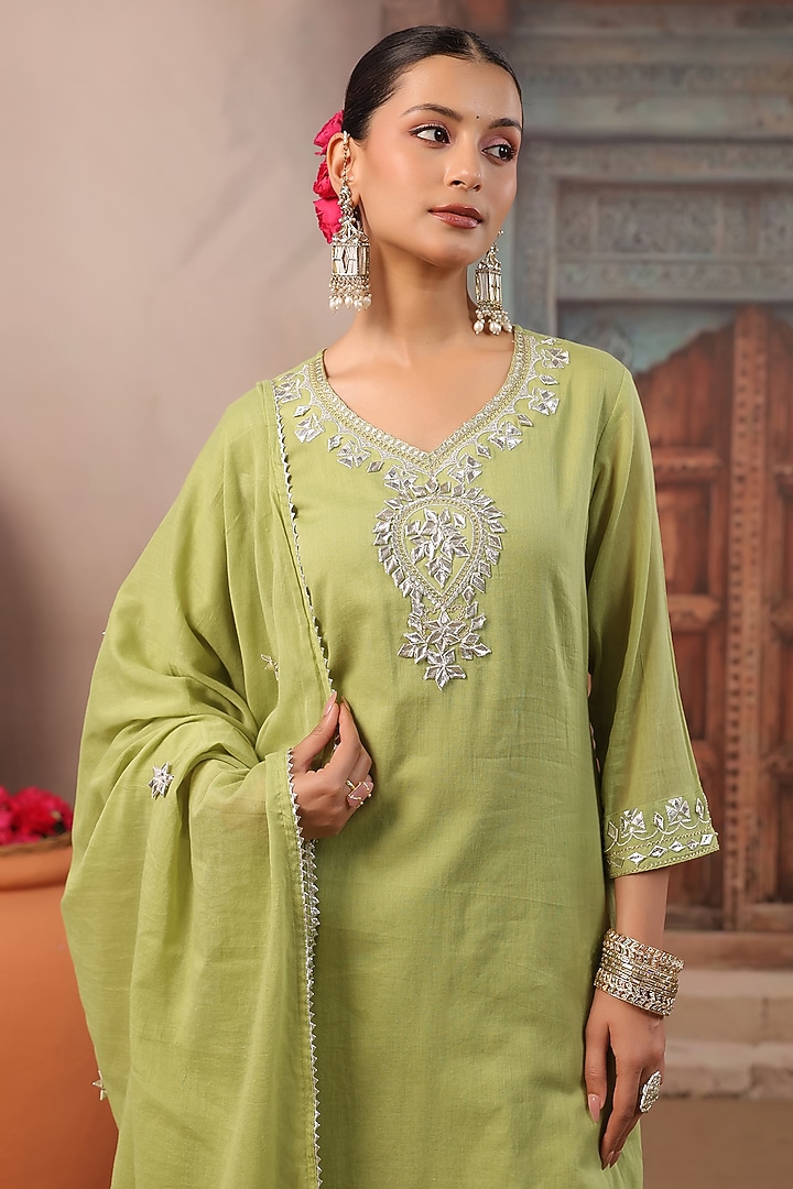 Parrot Green Cotton Mulmul Gota Work Straight Kurta Set by Scakhi Luxe at Pernia's Pop Up Shop