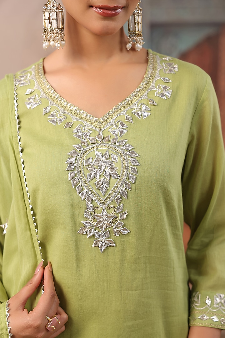 Parrot Green Cotton Mulmul Gota Work Straight Kurta Set by Scakhi Luxe at Pernia's Pop Up Shop