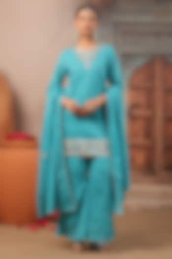 Turquoise Cotton Mulmul Gota Work Kurta Set by Scakhi Luxe at Pernia's Pop Up Shop