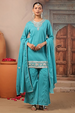 Turquoise Cotton Mulmul Gota Work Kurta Set by Scakhi Luxe